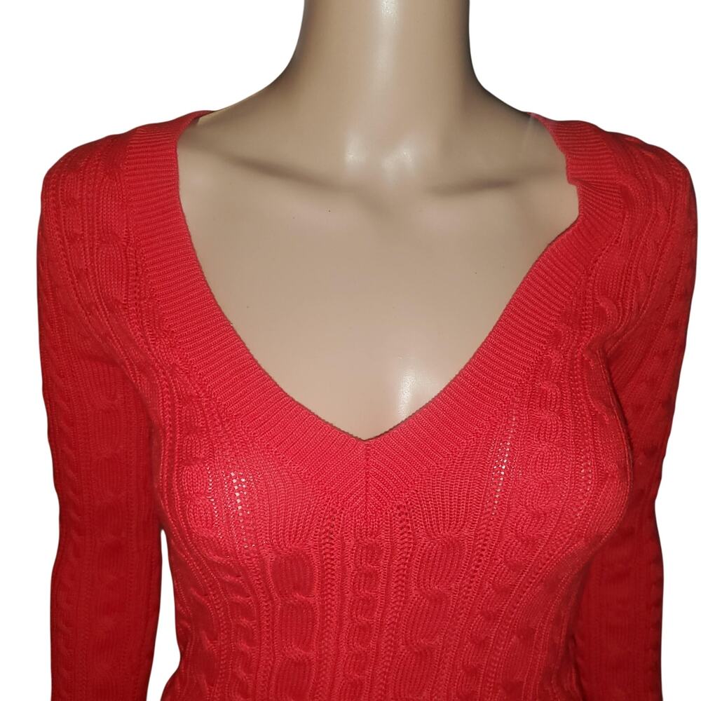 American Eagle XS Red Cable Open Knit V-Neck Sweater LS Fitted Y2K Bella Swan - Picture 2 of 13